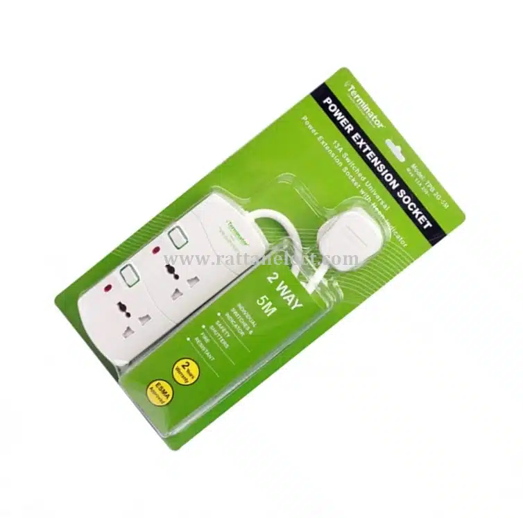 TERMINATOR POWER EXTENSION SOCKET 2WAY 5MTR. WIRE - Rattanelect