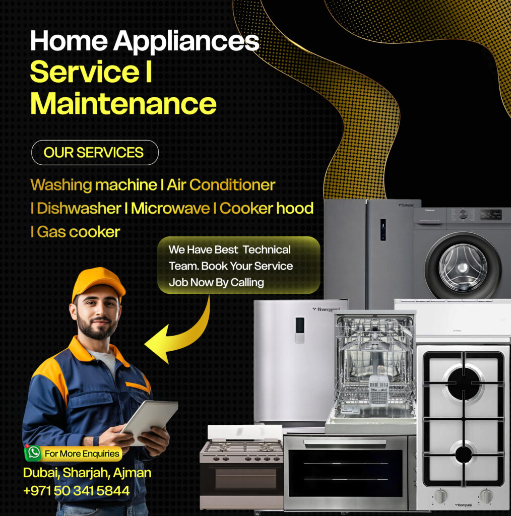Home appliances service and maintenance banner showing technician with tablet and washing machine, dishwasher, oven, gas cooker, and refrigerator, offering appliance repair services in Dubai, Sharjah, and Ajman.