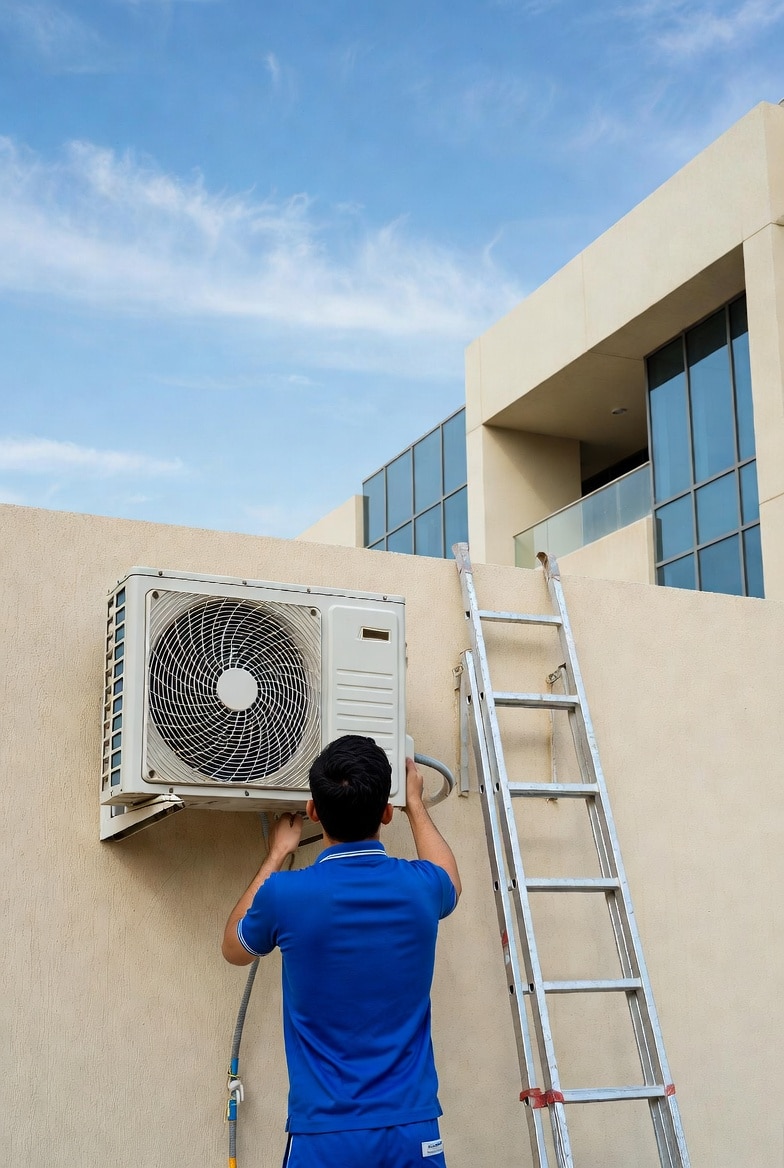 A technician in a blue uniform is servicing an outdoor air conditioning unit mounted on a beige wall.