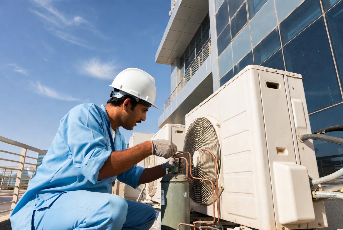 Technician performing professional AC repair in Dubai on outdoor air conditioning unit
