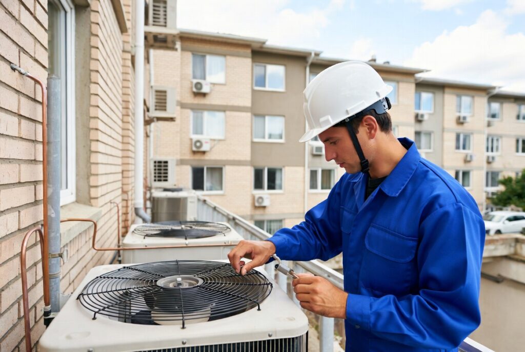 Technician performing air conditioner maintenance on an outdoor AC unit in a residential building