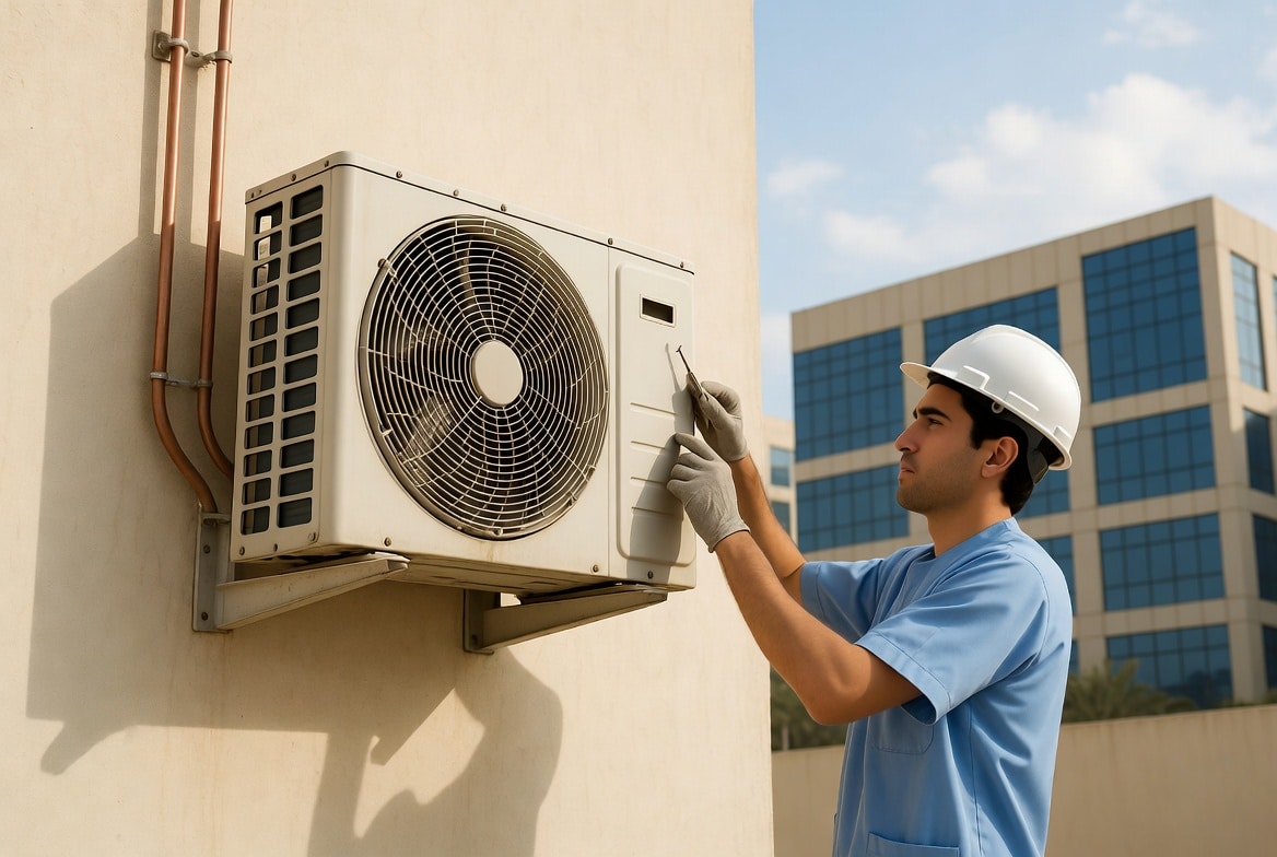 Technician wearing a safety helmet and gloves inspecting an outdoor air conditioning unit mounted on a building wall.