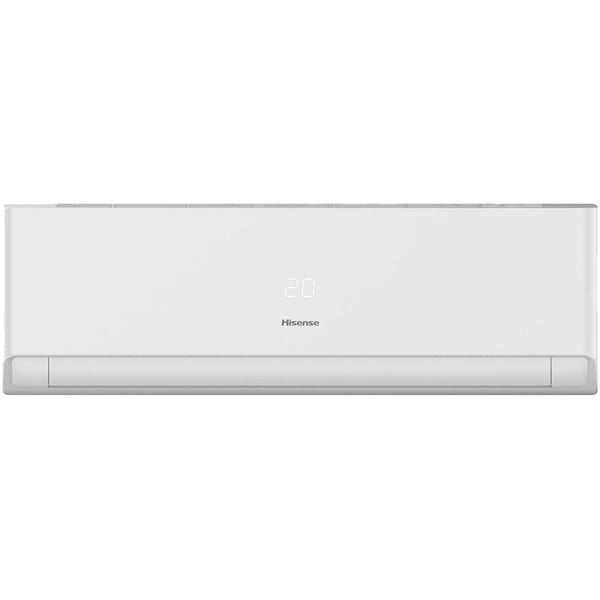 White Hisense wall-mounted split air conditioner with digital temperature display (20°C)