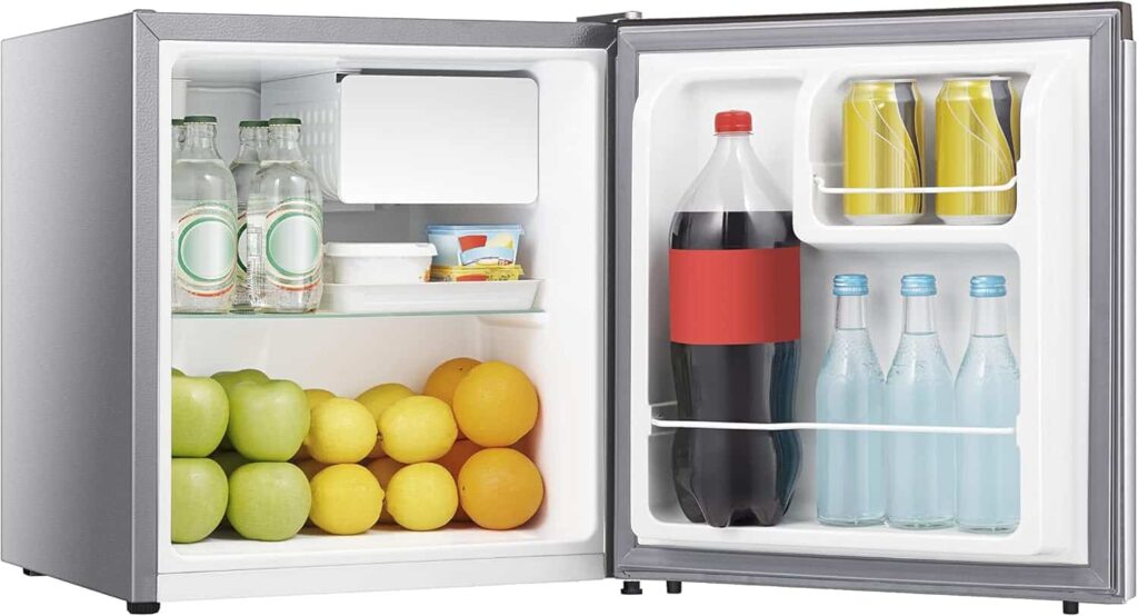 Compact Hisense single door fridge with beverages and fruits inside