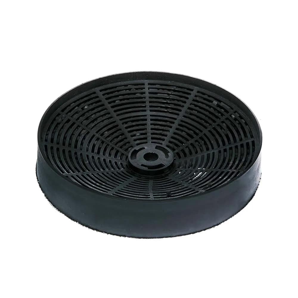 Round black carbon charcoal filter for a ductless range hood with a plastic mesh grille and center mounting point.