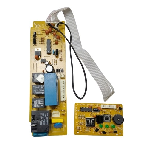 Two electronic circuit boards connected by a ribbon cable, featuring relays, capacitors, and a digital display module”