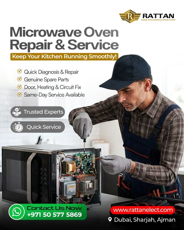 Professional microwave oven repair and service technician fixing microwave circuit board in Dubai, Sharjah, and Ajman – same-day appliance repair service