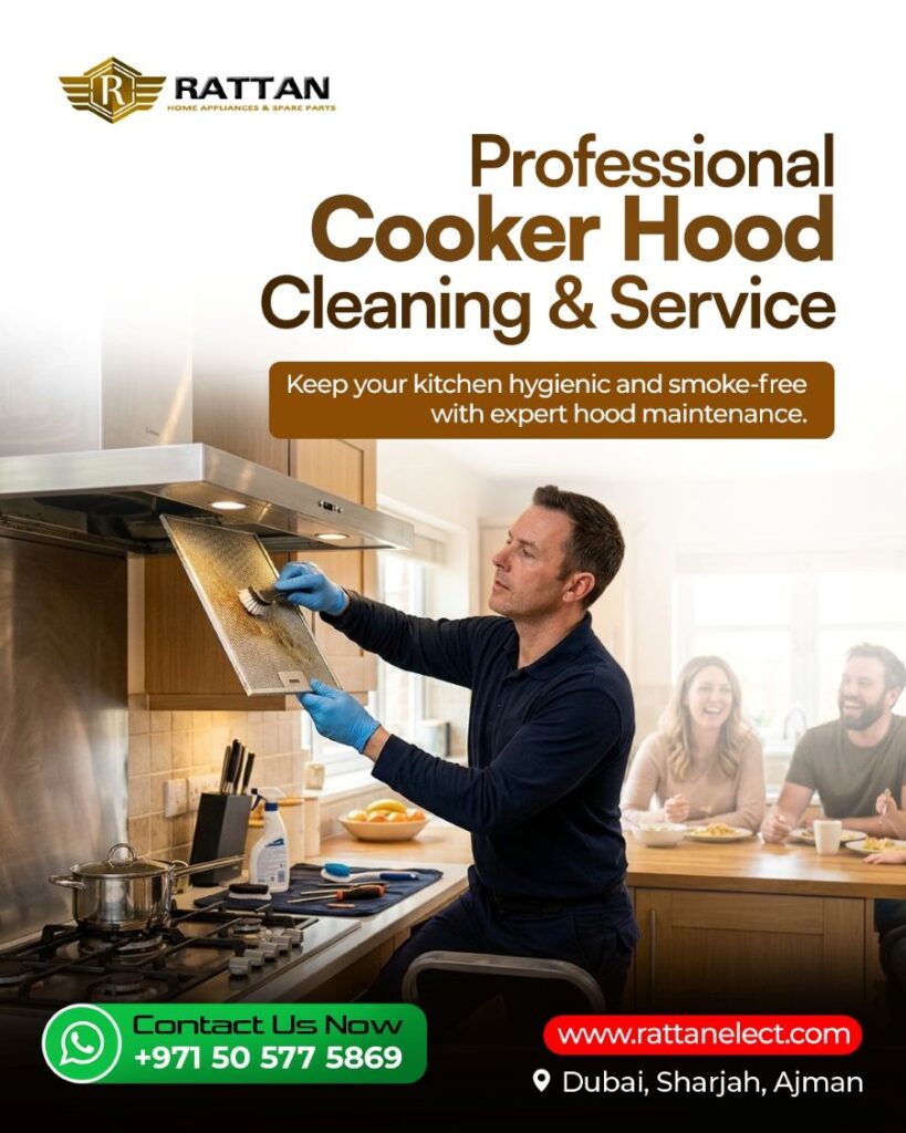 Technician cleaning a kitchen cooker hood filter in a modern home, promoting professional cooker hood cleaning and maintenance service in Dubai, Sharjah, and Ajman.
