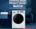 Advertisement for Bompani front load washing machine by Rattan Home Appliances & Spare Parts featuring a modern white washer in a stylish blue interior setting with the text “Powerful Wash. Elegant Design.” and contact details for Dubai, Sharjah, and Ajman.