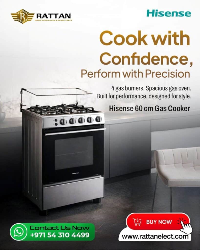 Hisense 60 cm stainless steel gas cooker with 4 burners and spacious oven displayed in a modern kitchen by Rattan Home Appliances UAE