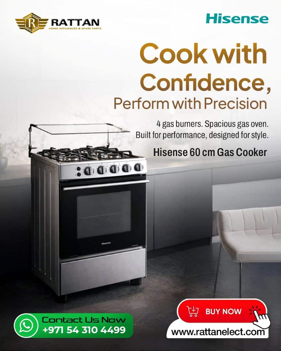 Hisense 60 cm stainless steel gas cooker with 4 burners and spacious oven displayed in a modern kitchen by Rattan Home Appliances UAE
