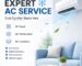 Expert AC service advertisement featuring AC repair, maintenance, and installation services with wall-mounted air conditioner and modern living room interior.
