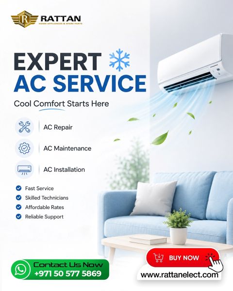 Expert AC service advertisement featuring AC repair, maintenance, and installation services with wall-mounted air conditioner and modern living room interior.