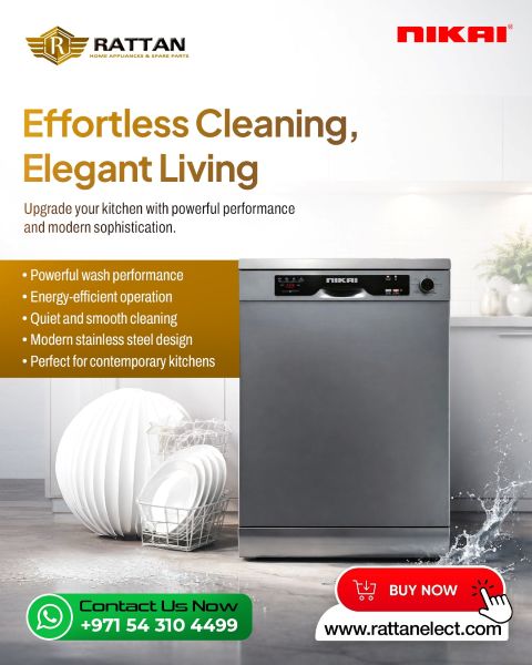 Nikai dishwasher UAE stainless steel kitchen appliance energy efficient quiet cleaning