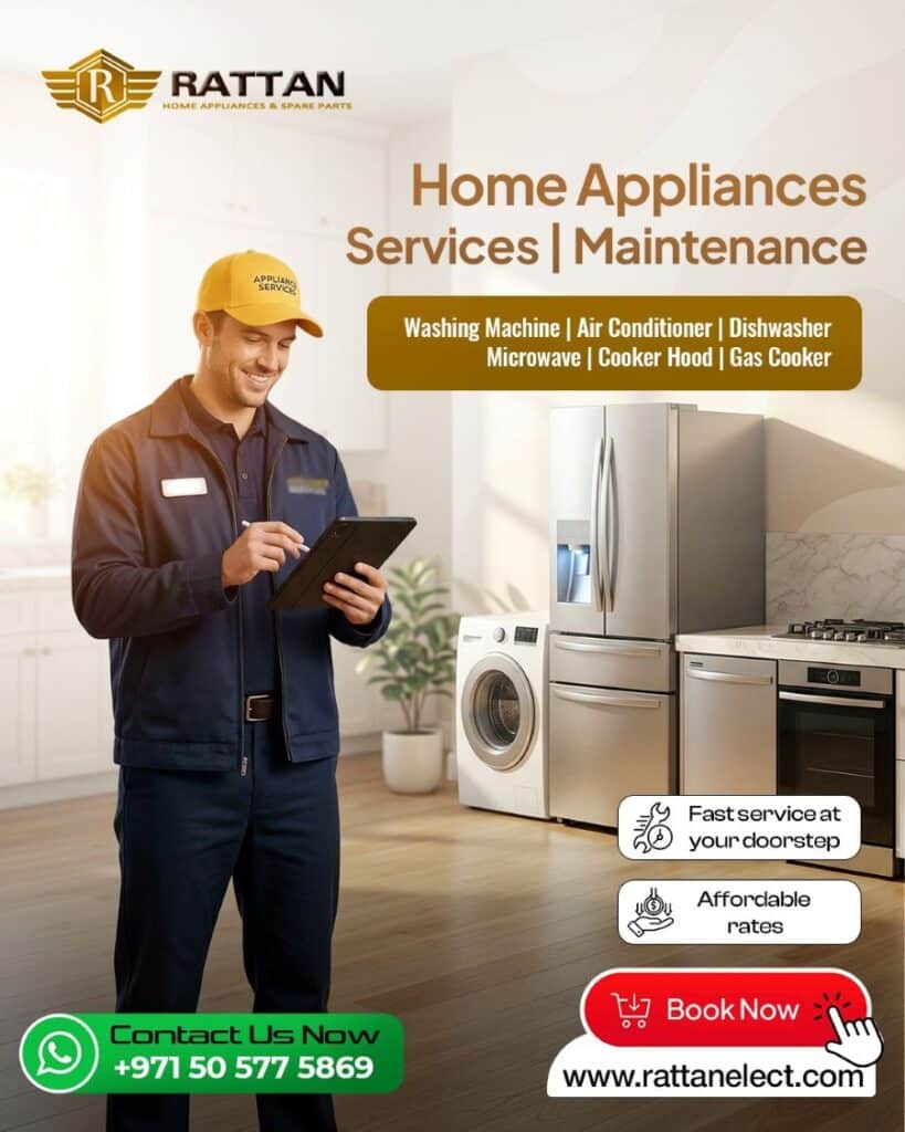 Technician providing home appliance repair and maintenance service for washing machine, air conditioner, dishwasher, microwave, cooker hood, and gas cooker